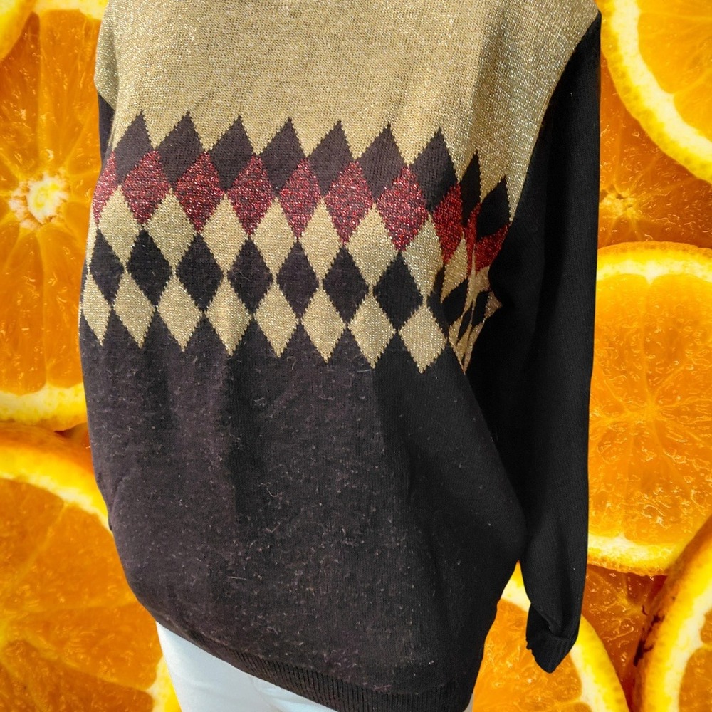 Alfred Dunner Petite M Gold Brown Argyle Sparkle Lurex Mock Neck Sweater‎